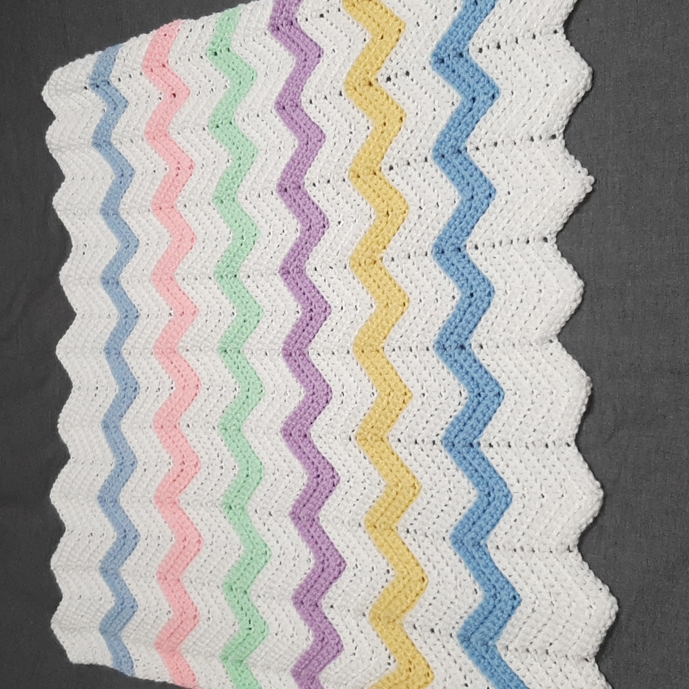 Hand-Crocheted Baby Blanket  Throw Chevron White Green Pink Blue Yellow Lilac